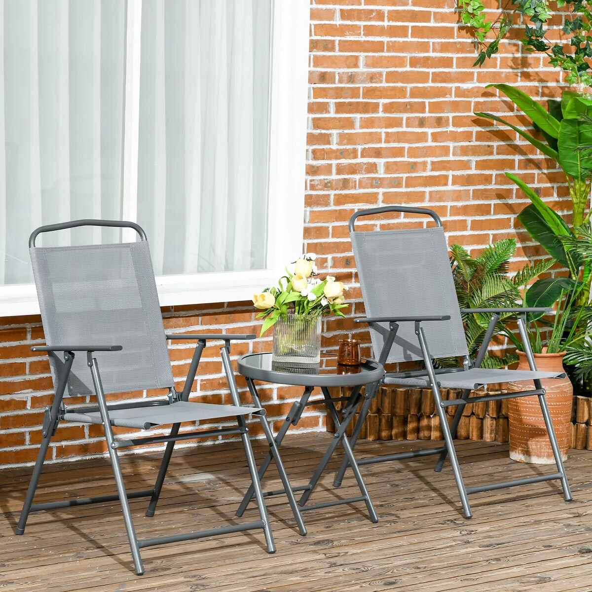 Outsunny Skládací zahradní sestava nábytku, šedý, sada 3 ks