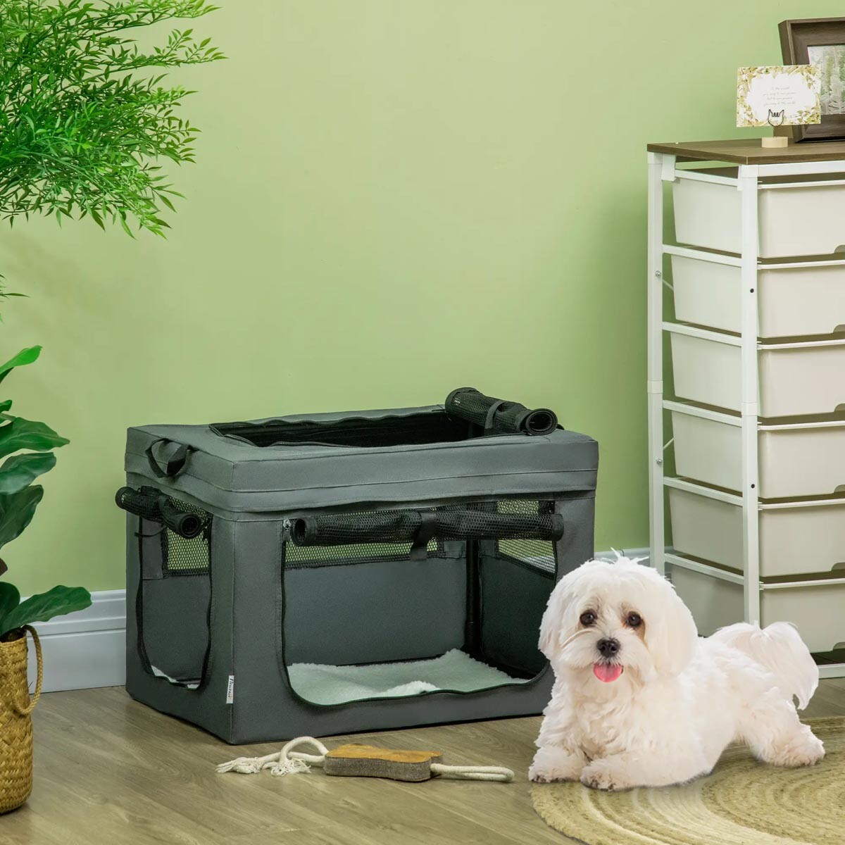 PawHut Skládací přepravní box pro psy do 4 kg, 3 vstupy, šedý
