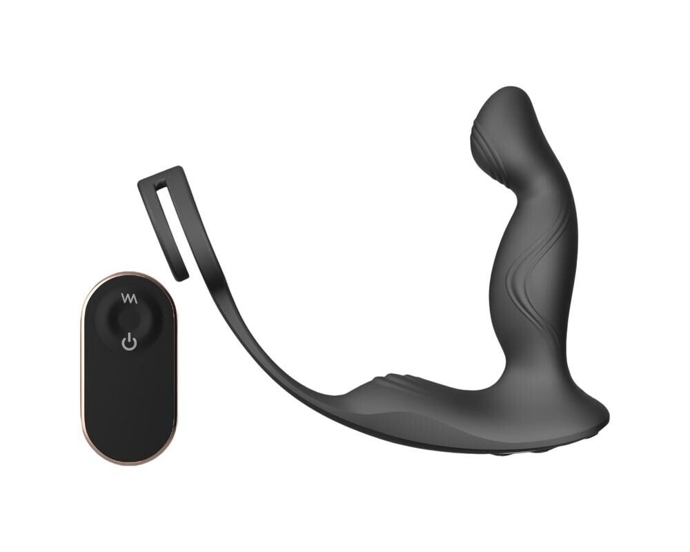 Sex HD Virgil - čierny vibrátor na prostatu s krúžkom na penis a semenníky