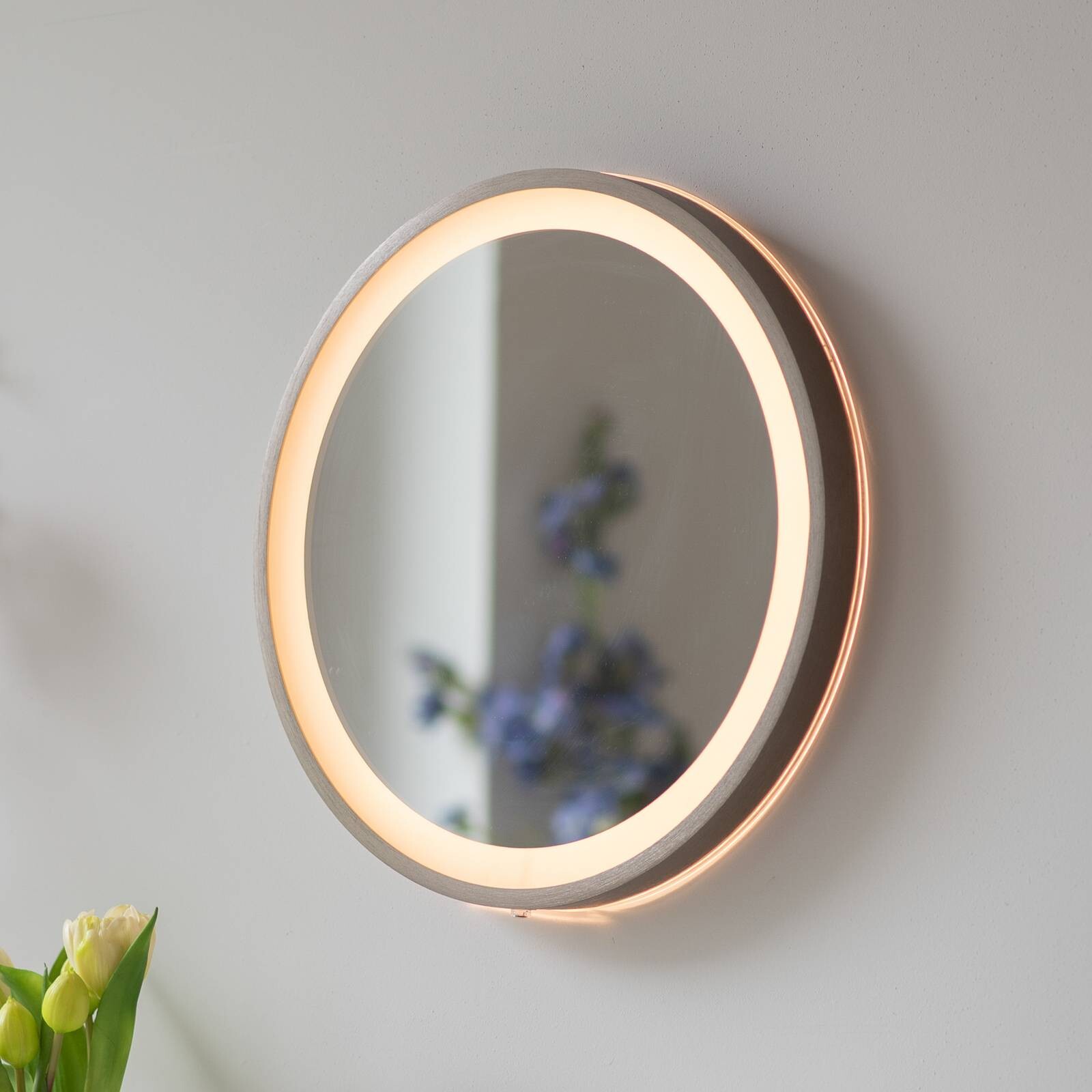 LED nástenné zrkadlo VIDRO, bronzové, Ø 36 cm, powerbanka, vypínač