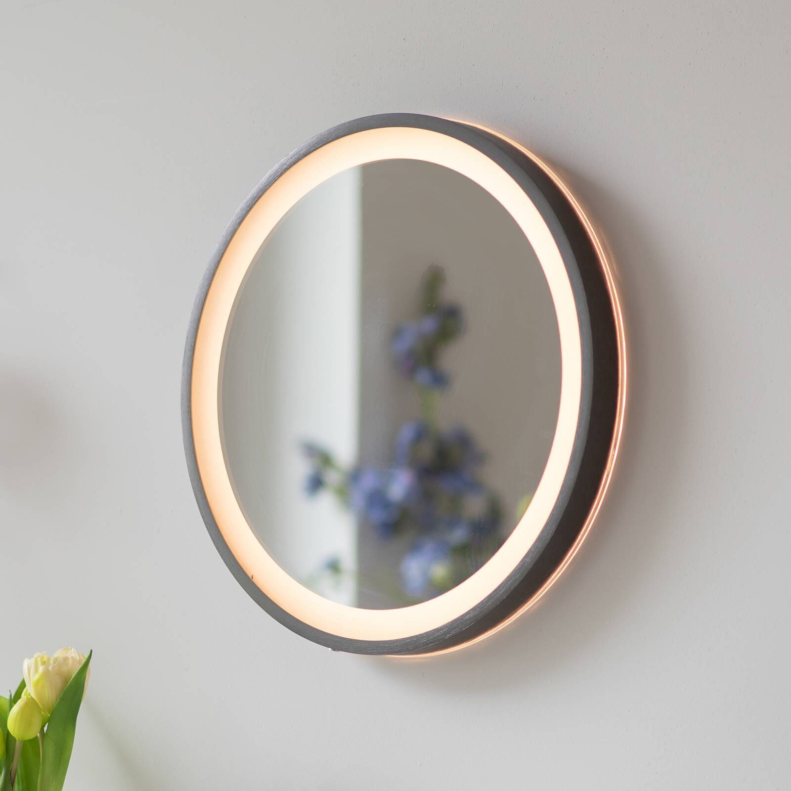 LED nástenné zrkadlo VIDRO, sivá, Ø 36 cm, powerbanka, vypínač