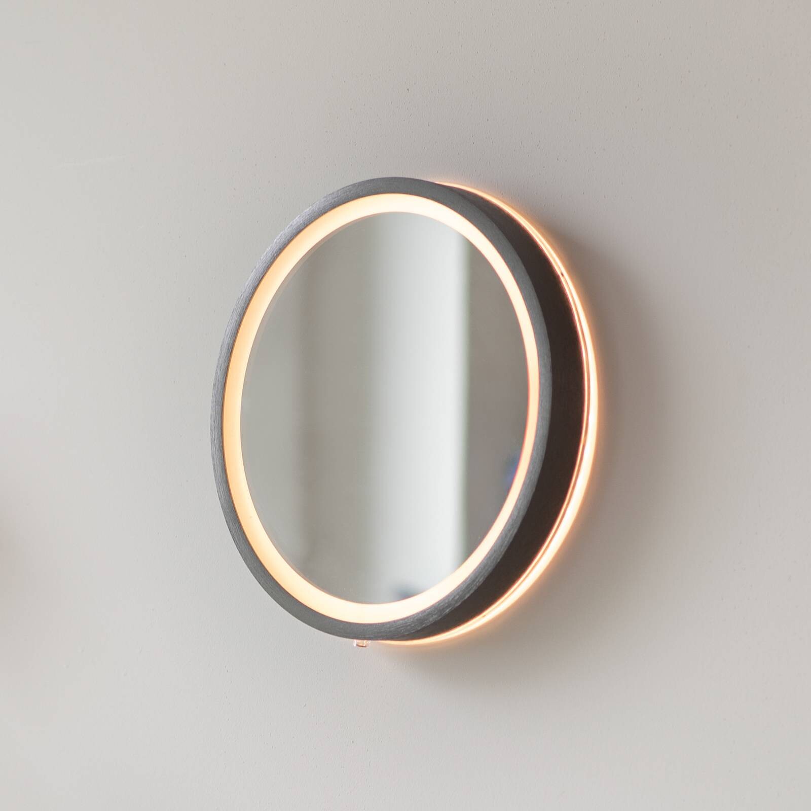 LED nástenné zrkadlo VIDRO, sivá, Ø 26 cm, powerbanka, vypínač
