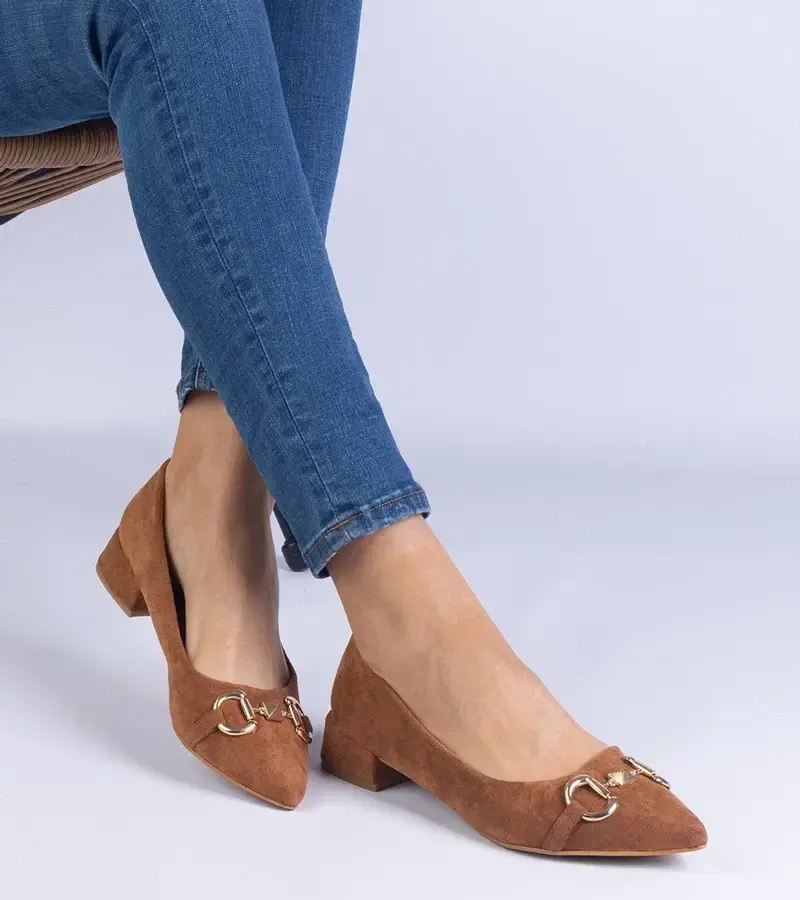 marka niezdefiniowana Brown eco-suede high heels with a gold embellishment Justina