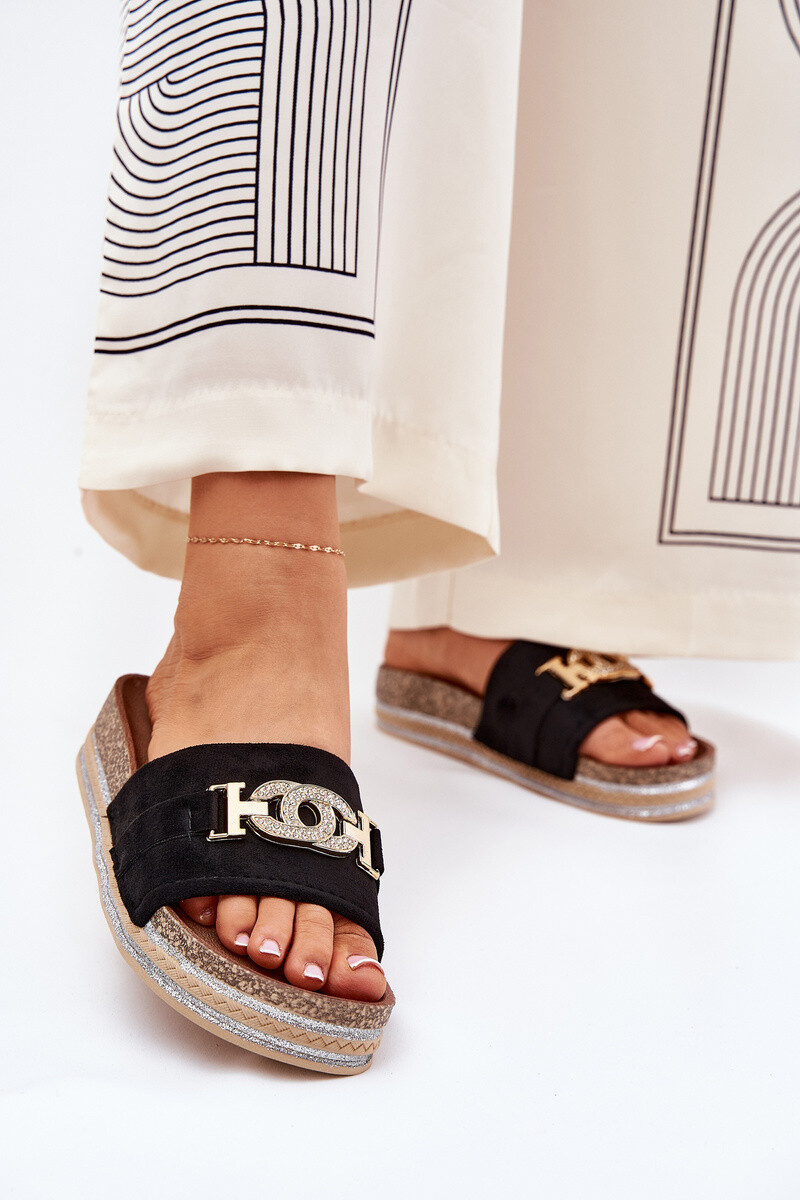 Boto Dámske Pantofle So Zlatým Detailom Na Platforme S Leskom Čierne Eanes