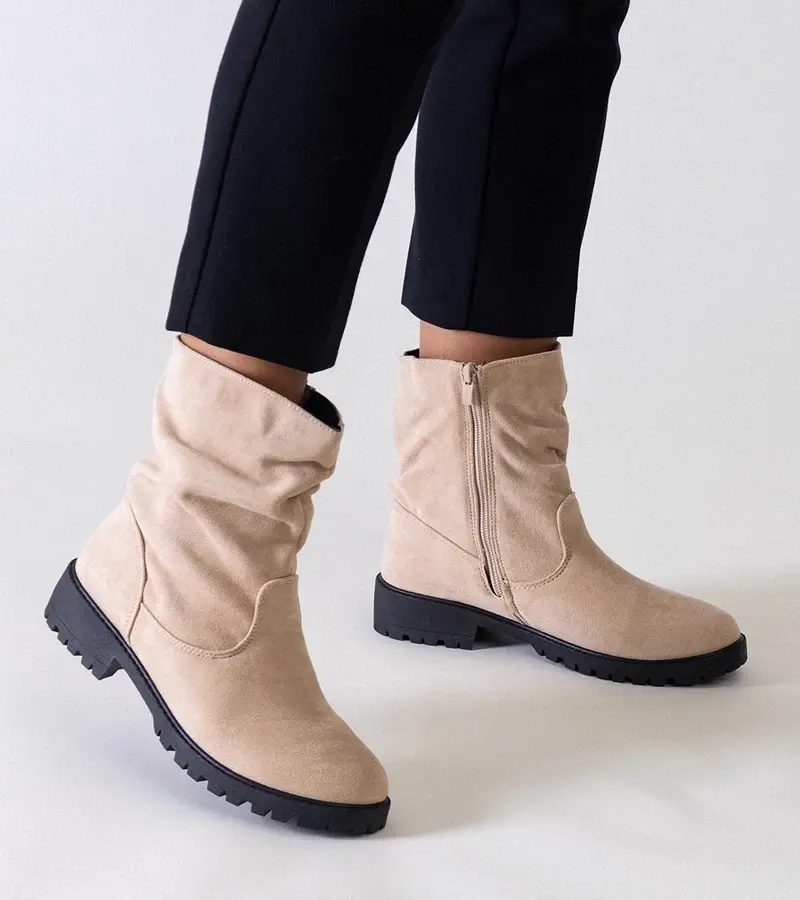 marka niezdefiniowana Beige gathered ankle boots made of eco-suede Hinda