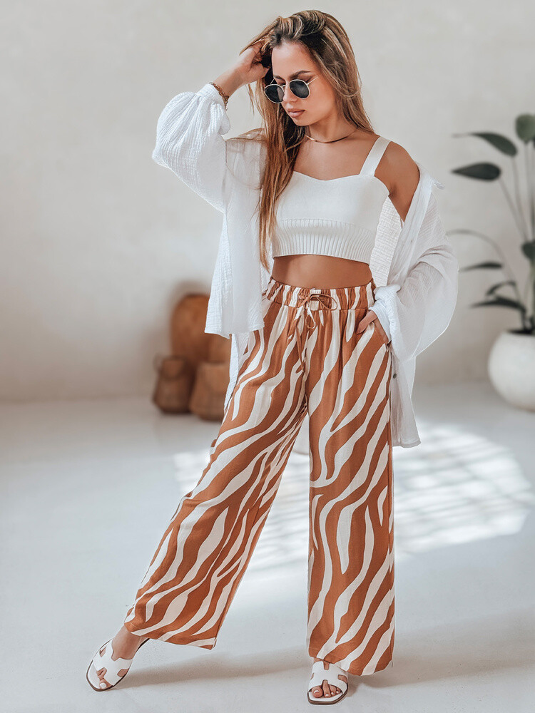 Spodnie damskie wide leg w paski ZEBRAVIBE beżowo-kamelowe Dstreet