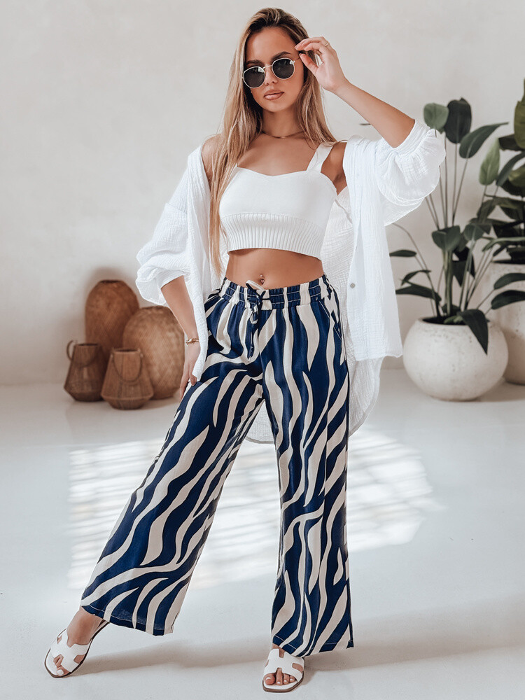 Spodnie damskie wide leg w paski ZEBRAVIBE granatowo-beżowe Dstreet