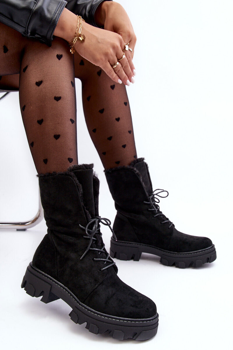 Boto Suede Lace -up Boots Workers s kožušinou Black Frendo