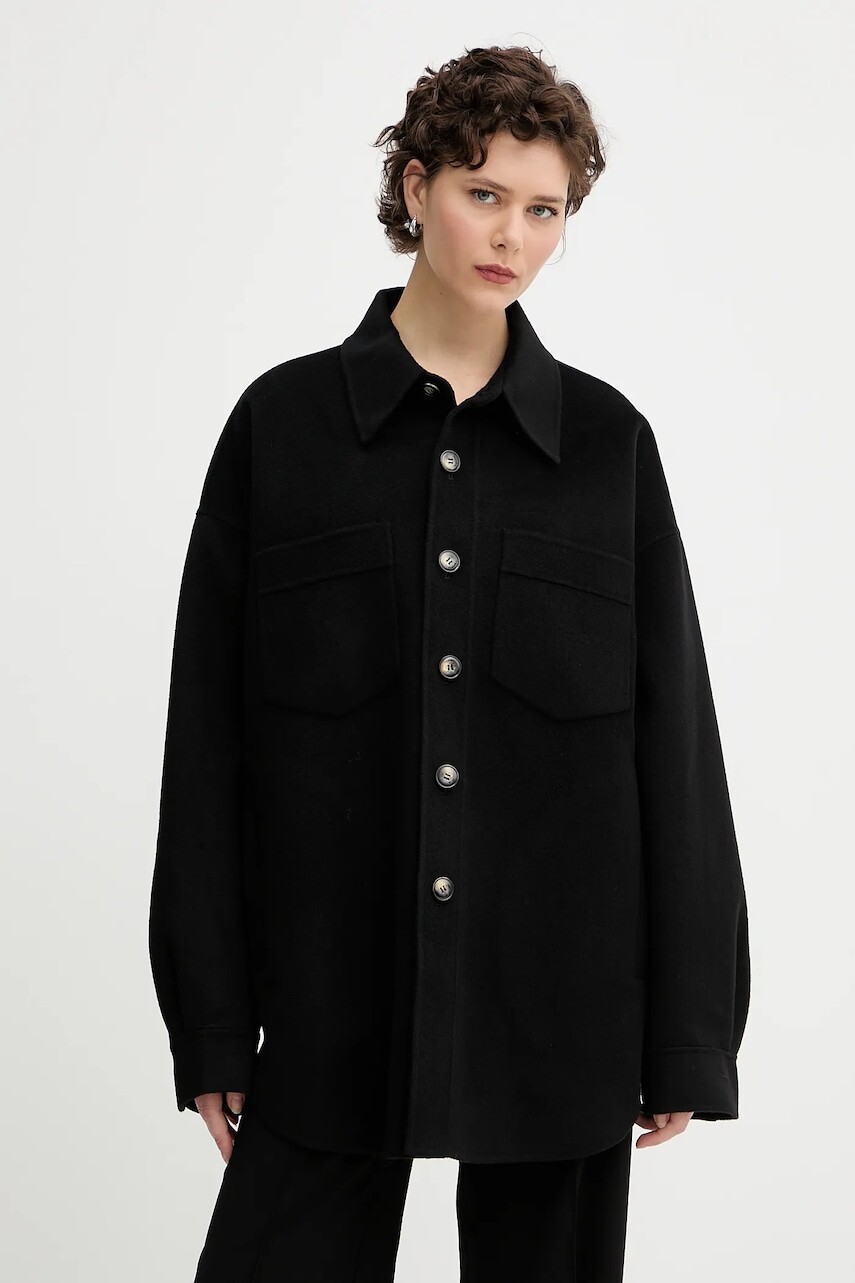 Vlnené košeľové sako Nanushka MARTIN čierna farba, prechodná, oversize, NM24CROW01899