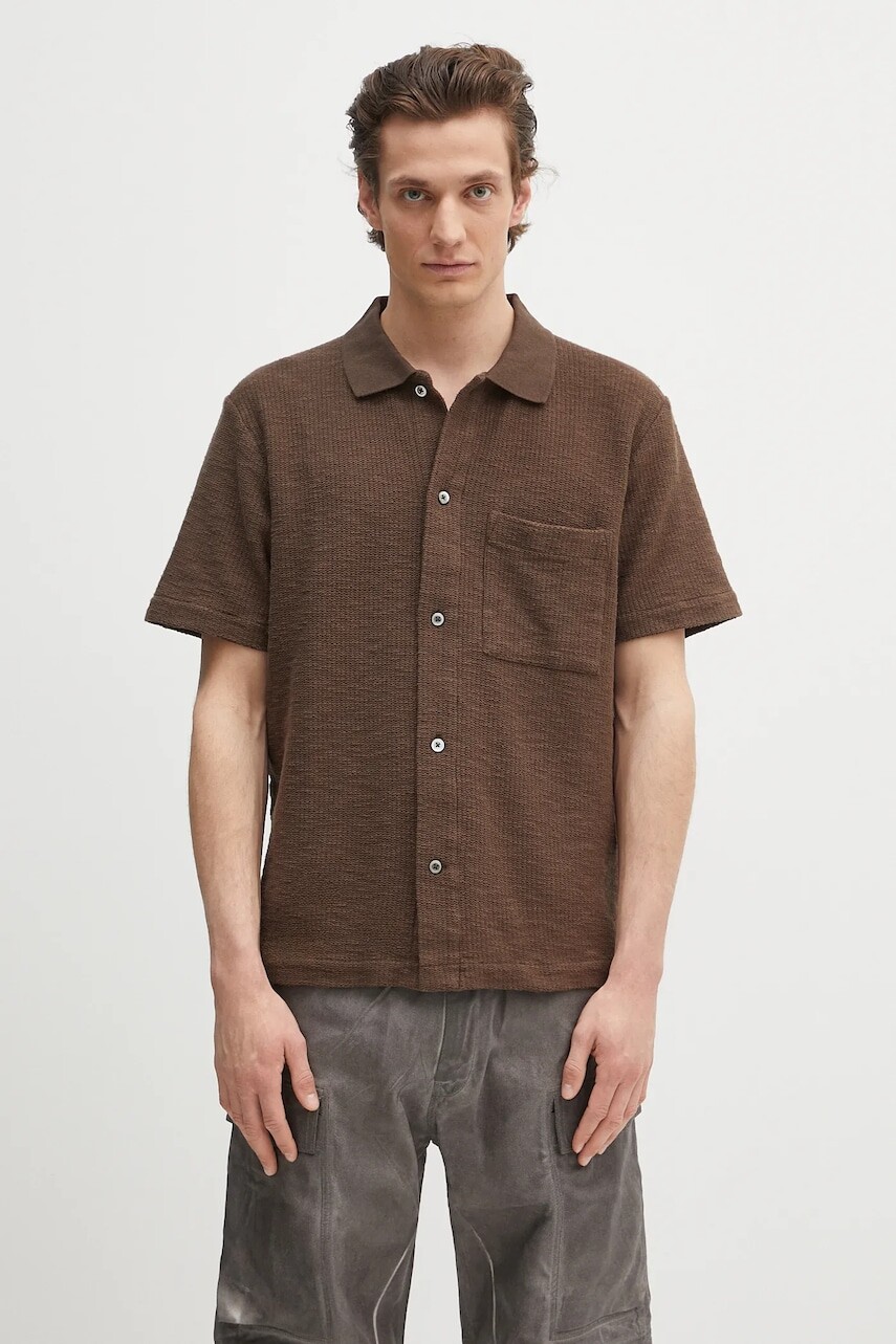 Bavlnená košeľa Norse Projects Gustav Crochet Jersey Shirt hnedá farba, voľný strih, s klasickým golierom, N01.0683.2033