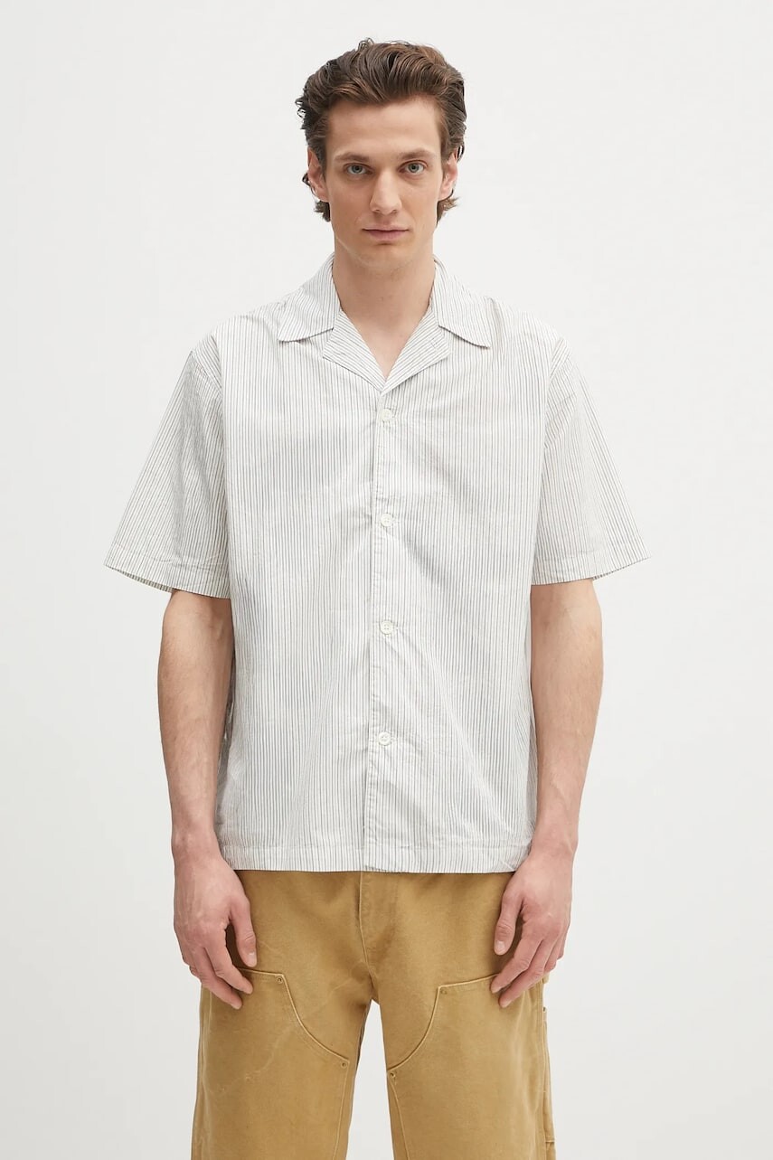 Bavlnená košeľa Norse Projects Mads Poplin Stripe SS biela farba, voľný strih, s klasickým golierom, N40.0831.0957