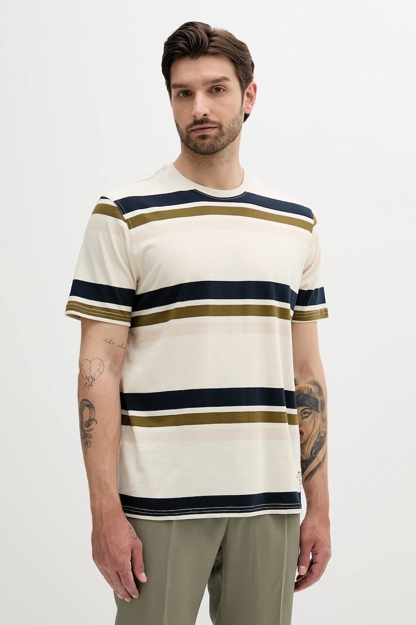 Bavlnené tričko Barbour Golborne Stripe Relaxed Fit T-Shirt pánske, béžová farba, vzorované, MTS1409