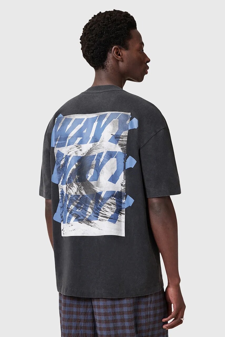 Bavlnené tričko AllSaints WAVY pánske, čierna farba, s potlačou, M063PC