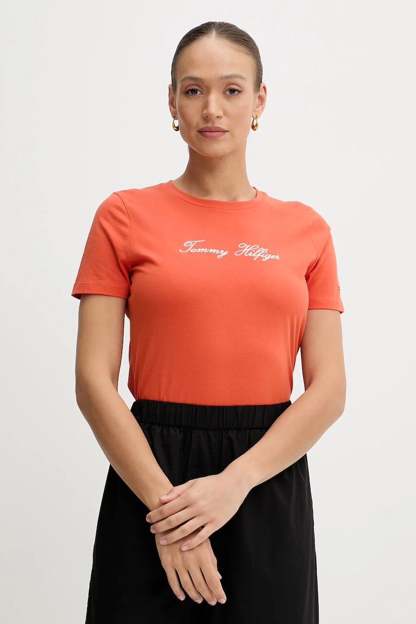 Bavlnené tričko Tommy Hilfiger dámske, oranžová farba, WW0WW45746