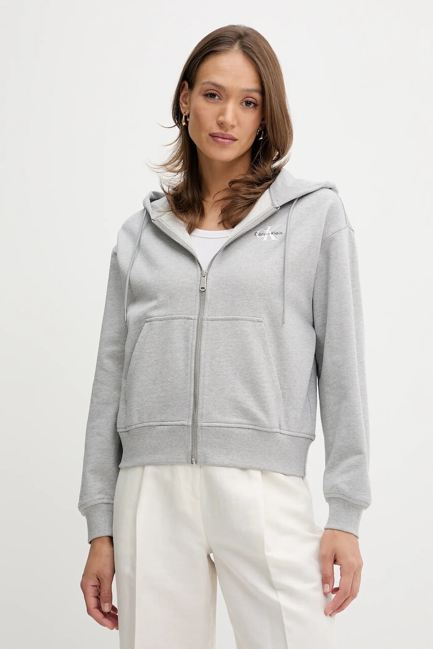 Mikina Calvin Klein Jeans šedá farba, s kapucňou, s potlačou, LV047B270G
