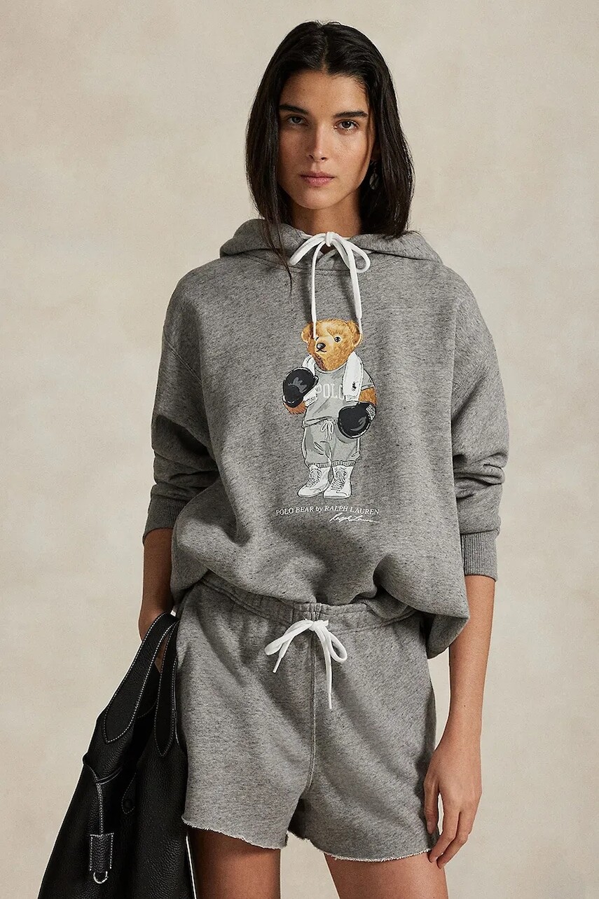 Bavlnená mikina Polo Ralph Lauren šedá farba, s kapucňou, s potlačou, 211971713