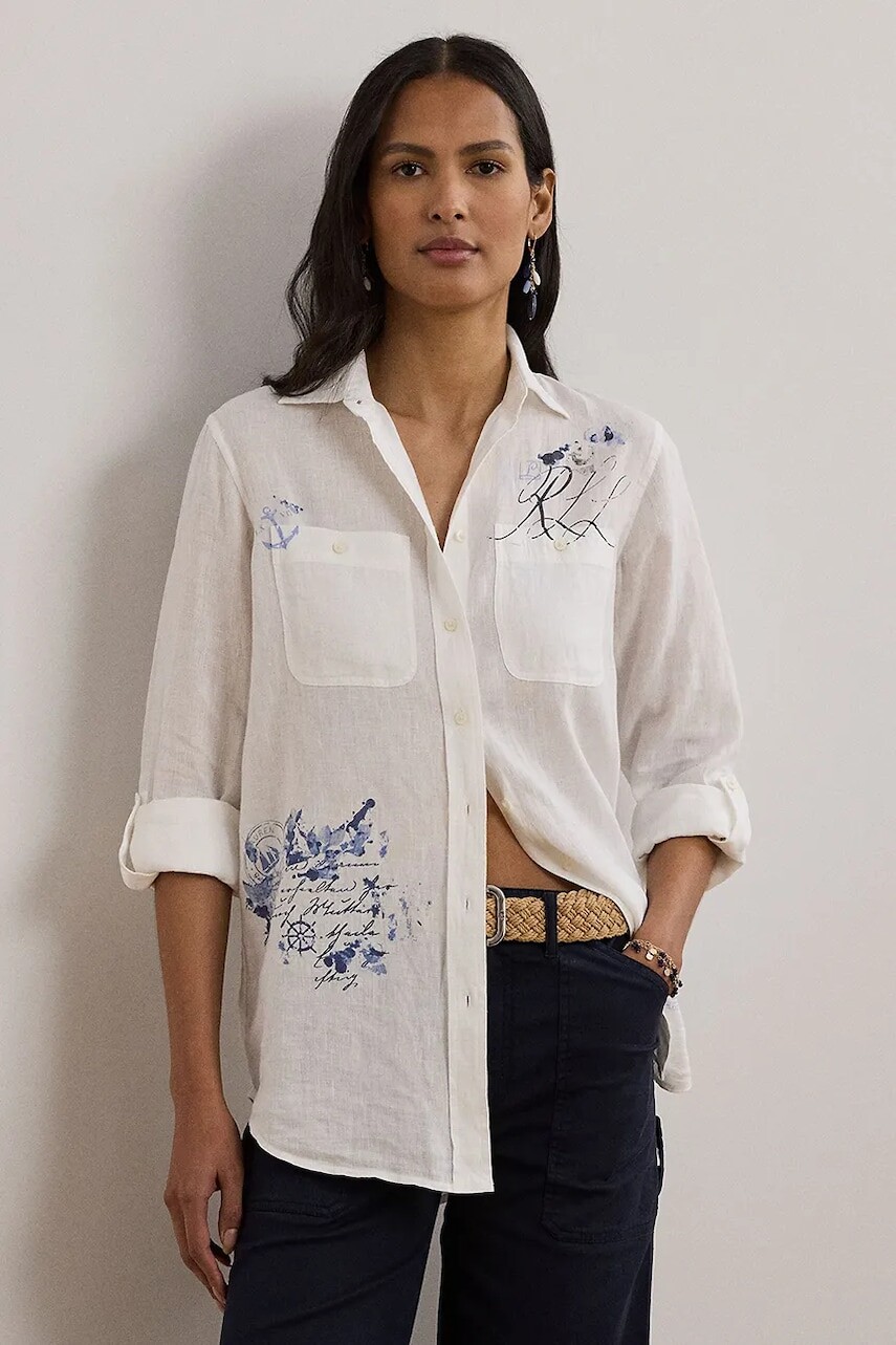 Ľanová košeľa Lauren Ralph Lauren biela farba, voľný strih, s klasickým golierom, 200970750