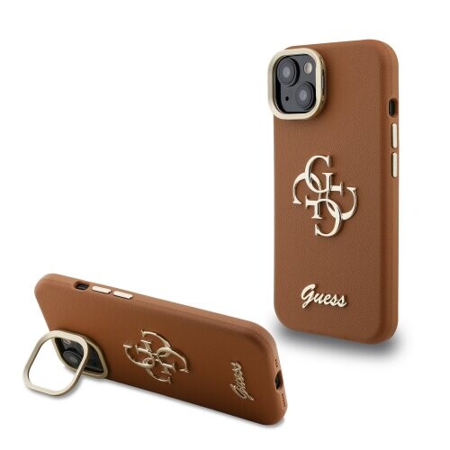 Guess PU Grained 4G Logo Stand Camera Frame Zadní Kryt pro iPhone 14 Brown