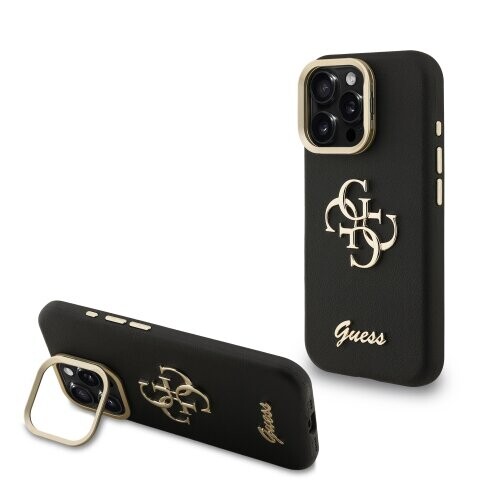 Guess PU Grained 4G Logo Stand Camera Frame Zadní Kryt pro iPhone 15 Pro Black