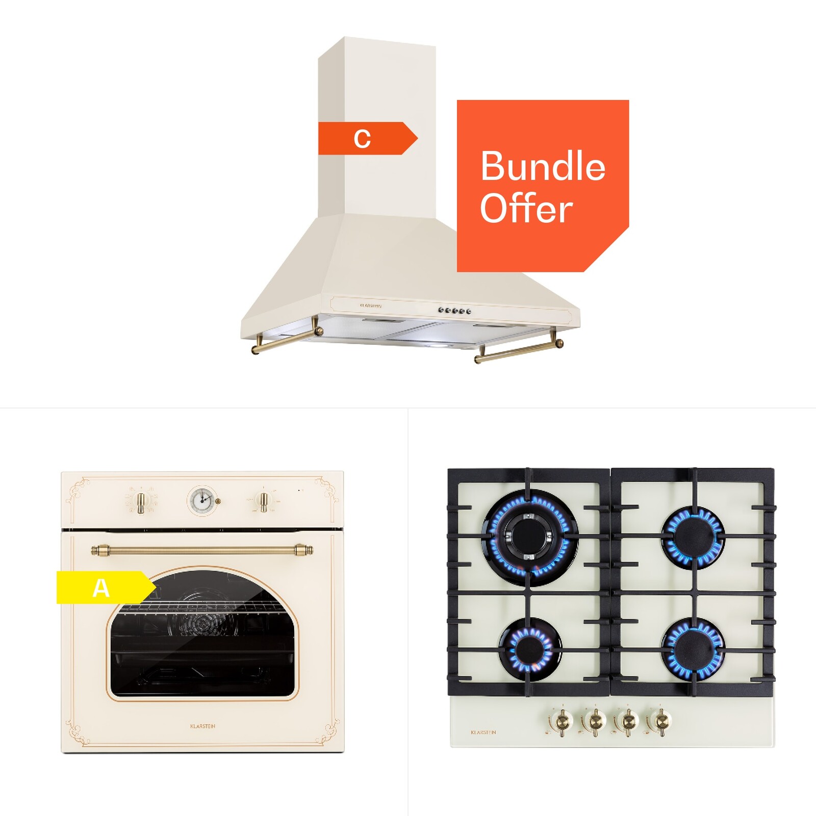 Klarstein Victoria 60 Triple Set plyn, Plynové varné dosky, Rúra, Odsávač pár