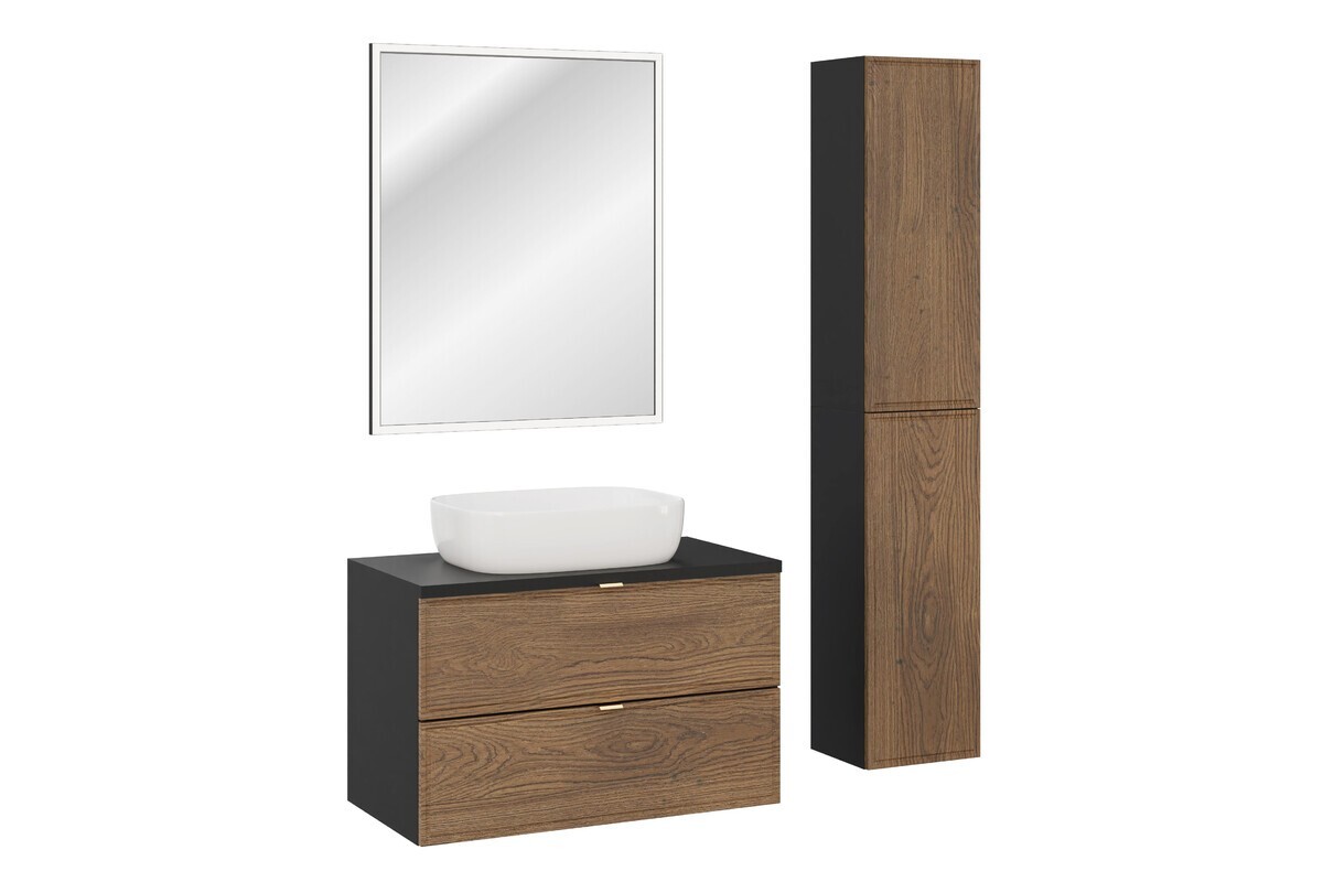 Koupelnová sestava Talia Casella s deskou, umyvadlem, skříňkami a zrcadlem 80 cm černá mat/dub casella