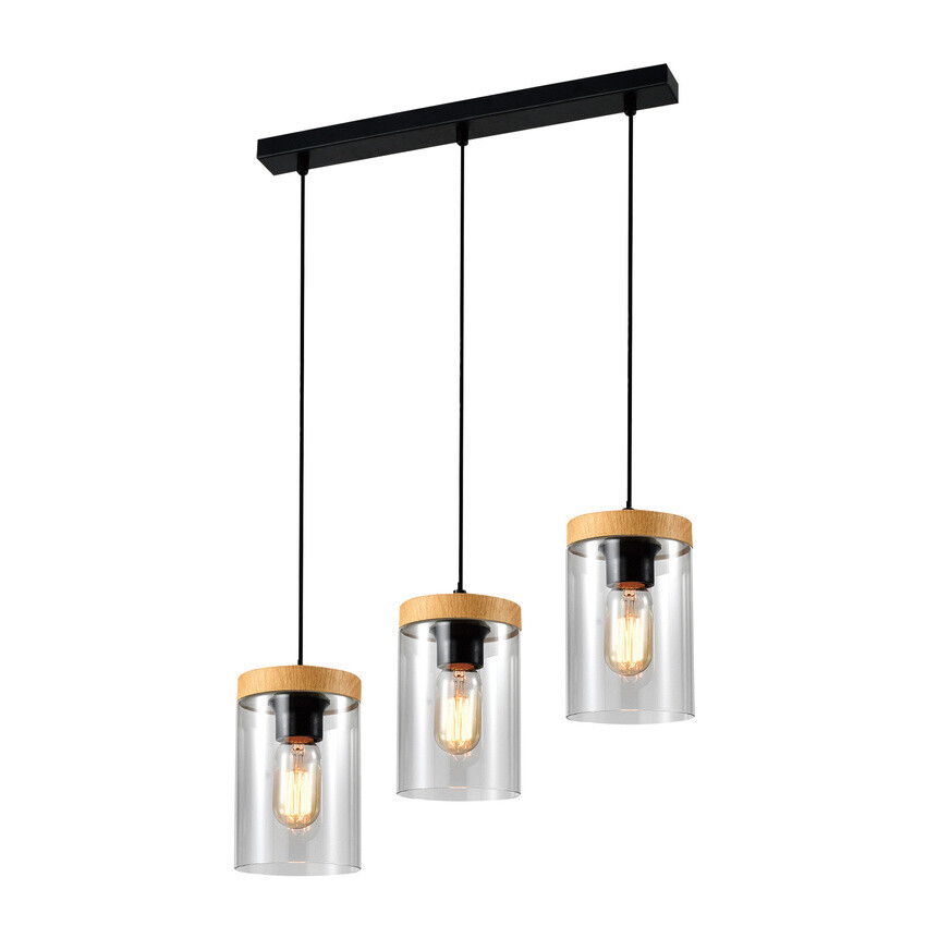 Závesná lampa Wels 3X40 čierna + drevené dymové tienidlo
