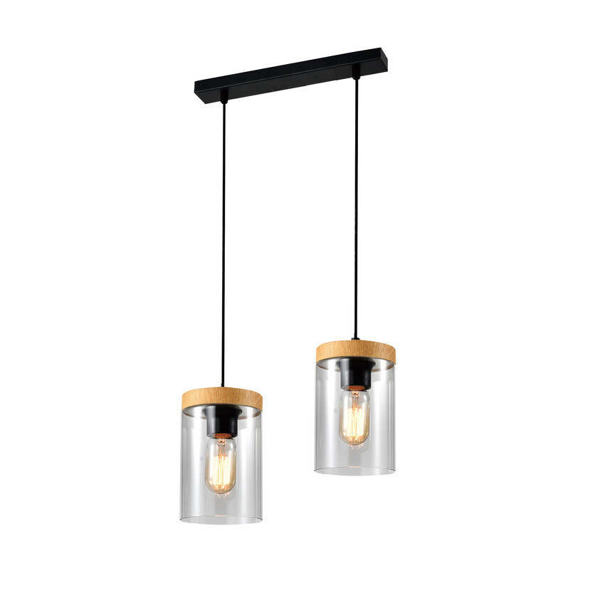 Závesná lampa Wels 2X40 čierna + drevené dymové tienidlo