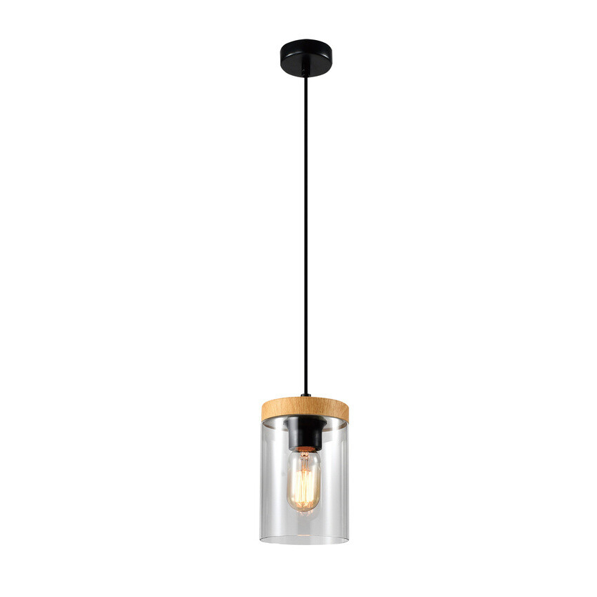 Závesná lampa Wels 1X40 čierna s dreveným dymovým tienidlom