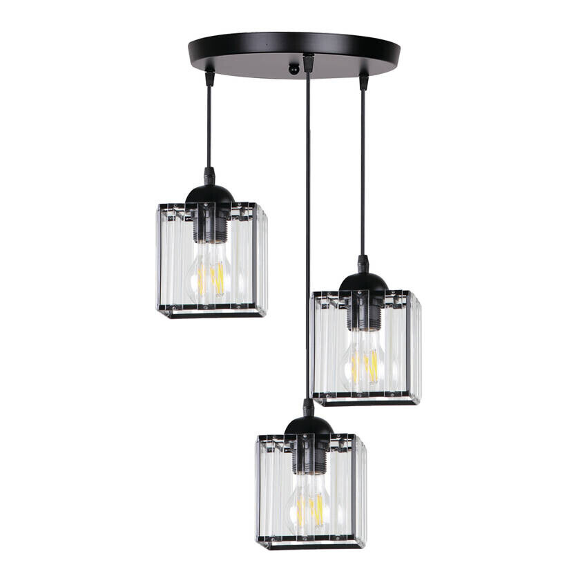 Závesná lampa Glassia, čierna, 3x40, E27, čierne tienidlo + číre kryštály
