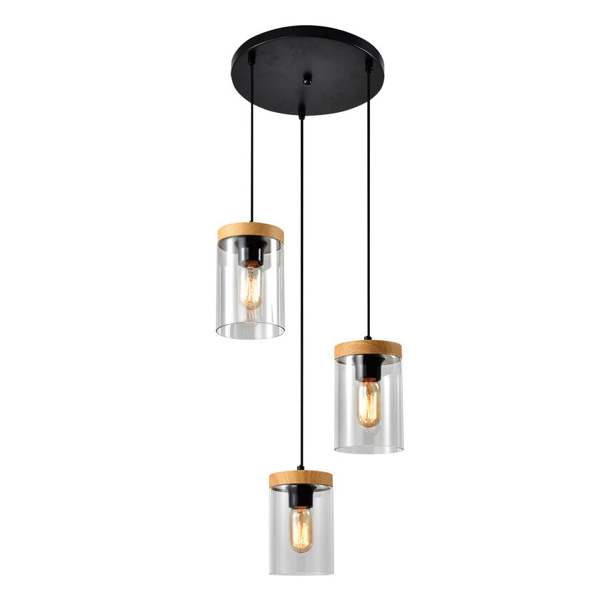 Závesná lampa Wels na strop 3X40 čierna + drevené údené tienidlo