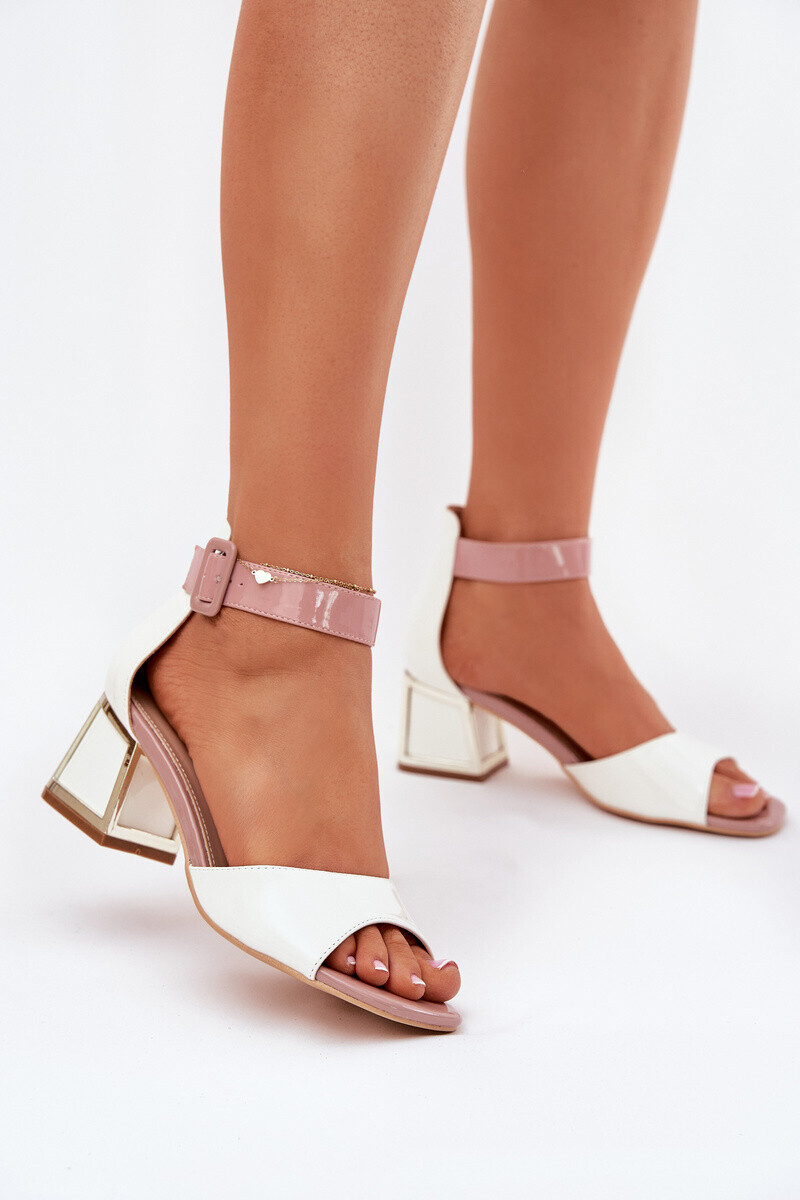 Bielo-béžové sandále na blokovom podpätku s prackou okolo členku - 36