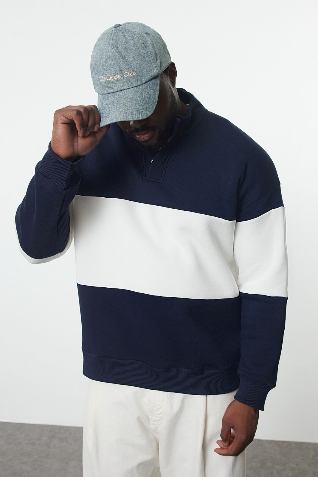 Trendyol Navy Blue Oversize/Wide Cut Stand Collar Color Block Fleece Inside Plus Size Sweatshirt