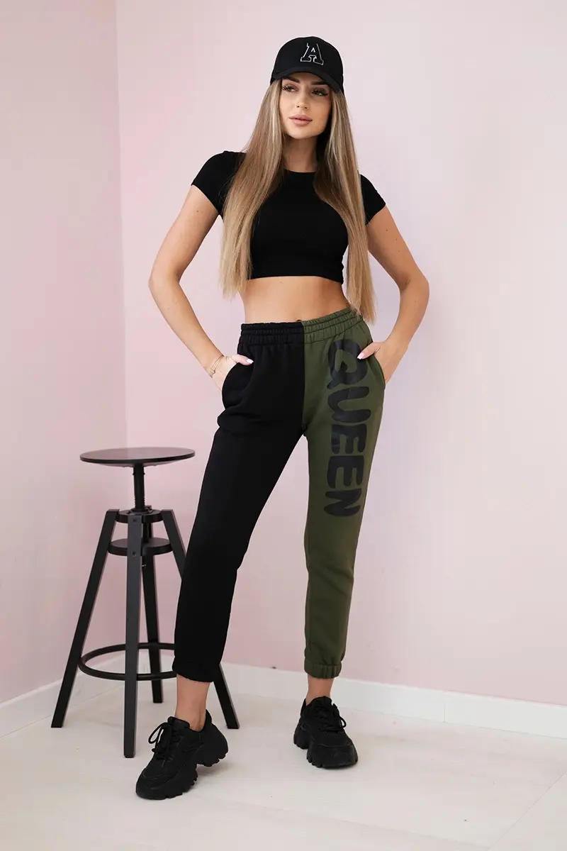 Kesi Dámske tepláky s nápisom QUEEN khaki