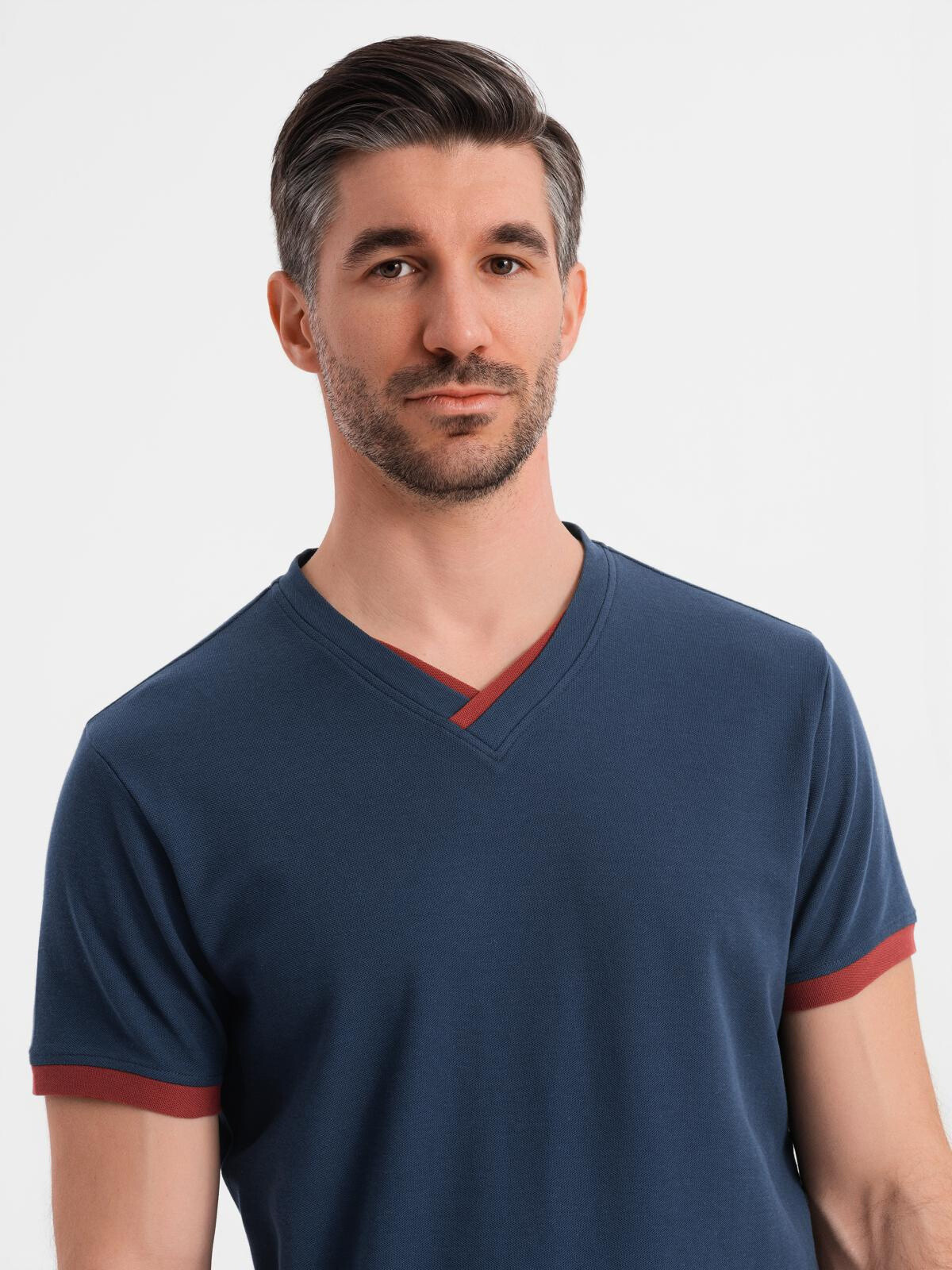 Ombre Men's T-shirt with contrasting inserts and v-neck - navy blue