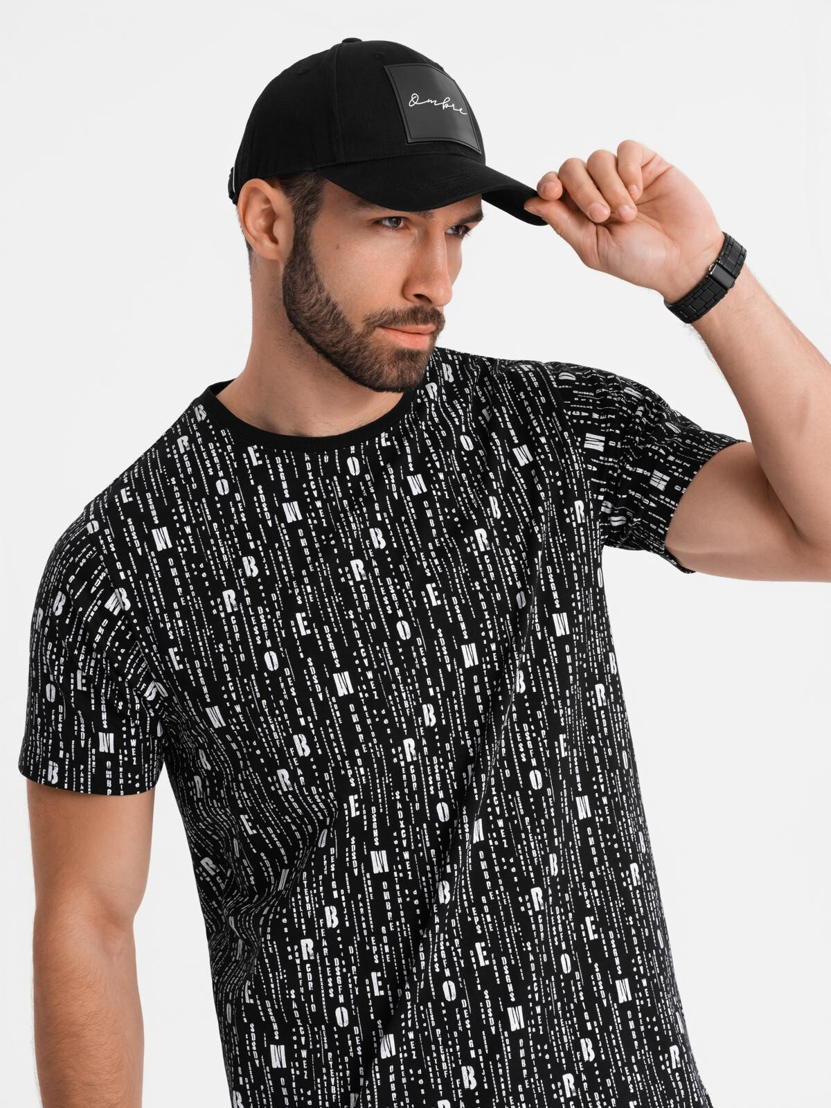 Ombre Cotton T-shirt with print and round neckline - black