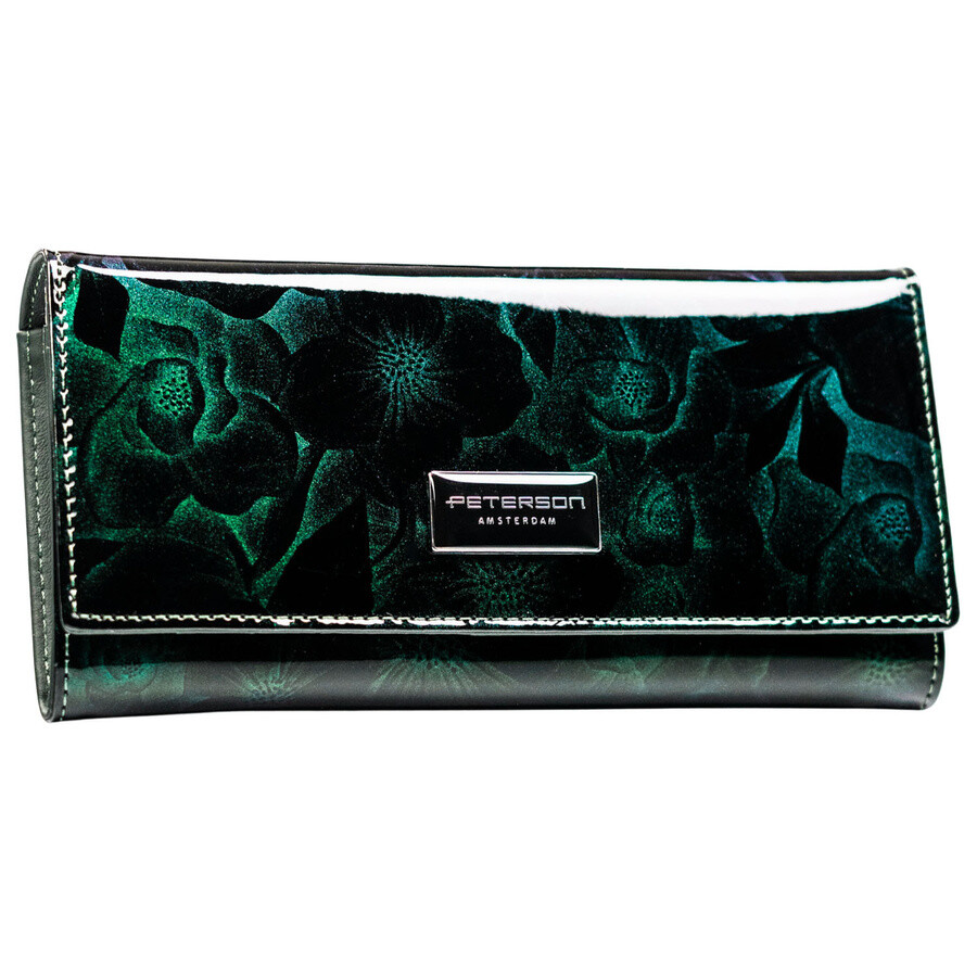 Klasyczny, zielony portfel damski na zatrzask lakierowany z modnym kwiatowym wzorem RFID STOP Peterson