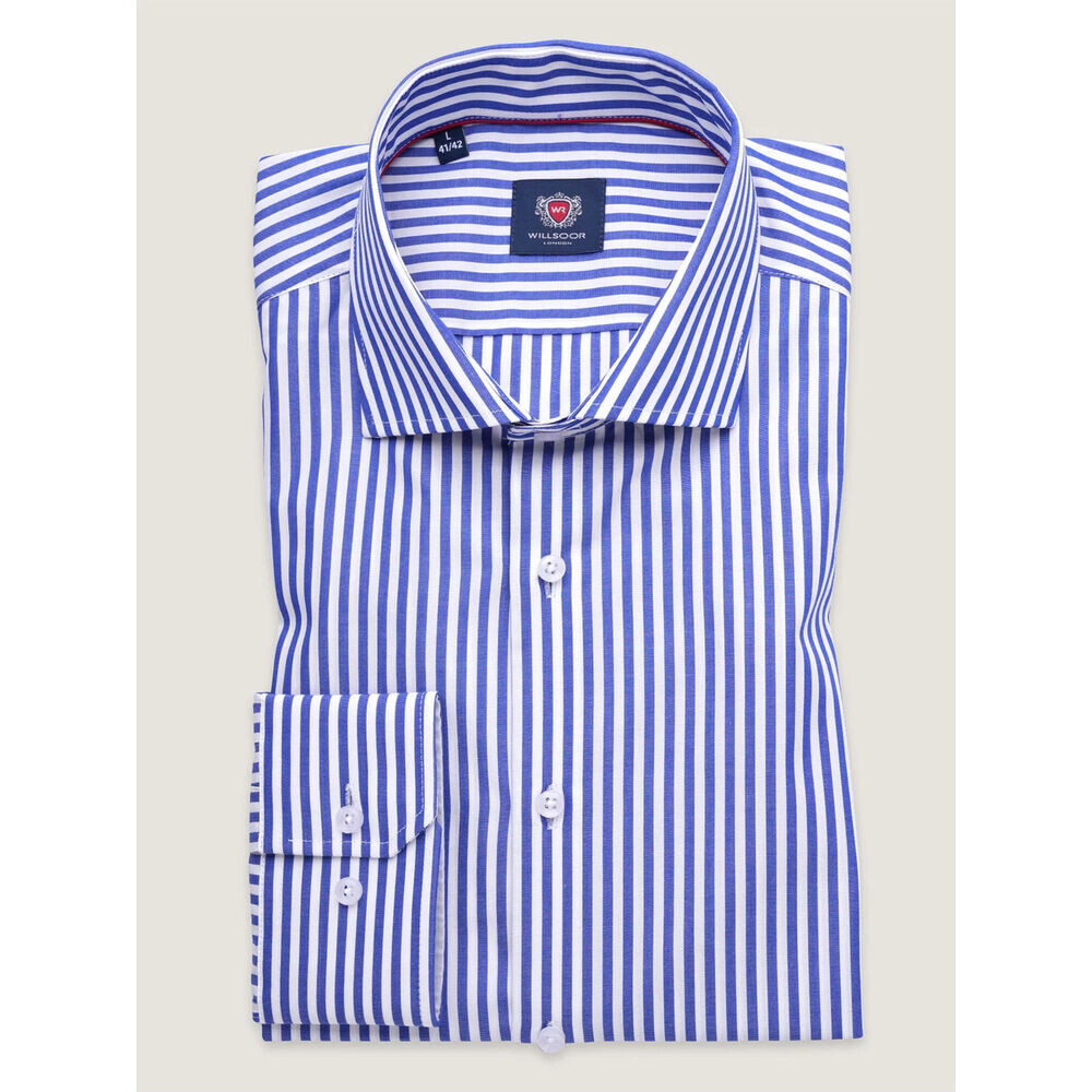 Pánska košeľa slim fit s modro-bielym pruhovaným vzorom a bielym golierom 18131