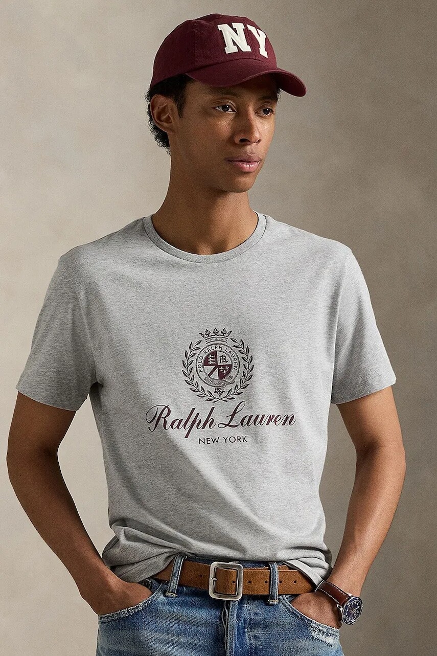 Bavlnené tričko Polo Ralph Lauren pánske, šedá farba, s potlačou, 710978032