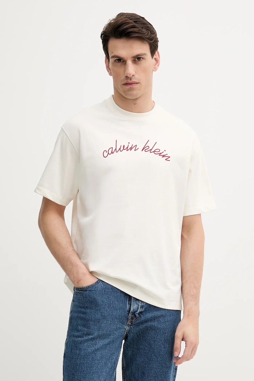 Bavlnené tričko Calvin Klein Jeans pánske, béžová farba, s nášivkou, LV04RC225G