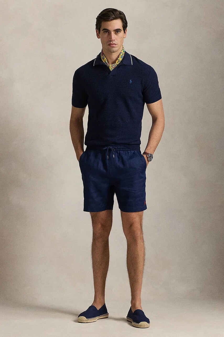 Ľanové šortky Polo Ralph Lauren tmavomodrá farba, 710958586
