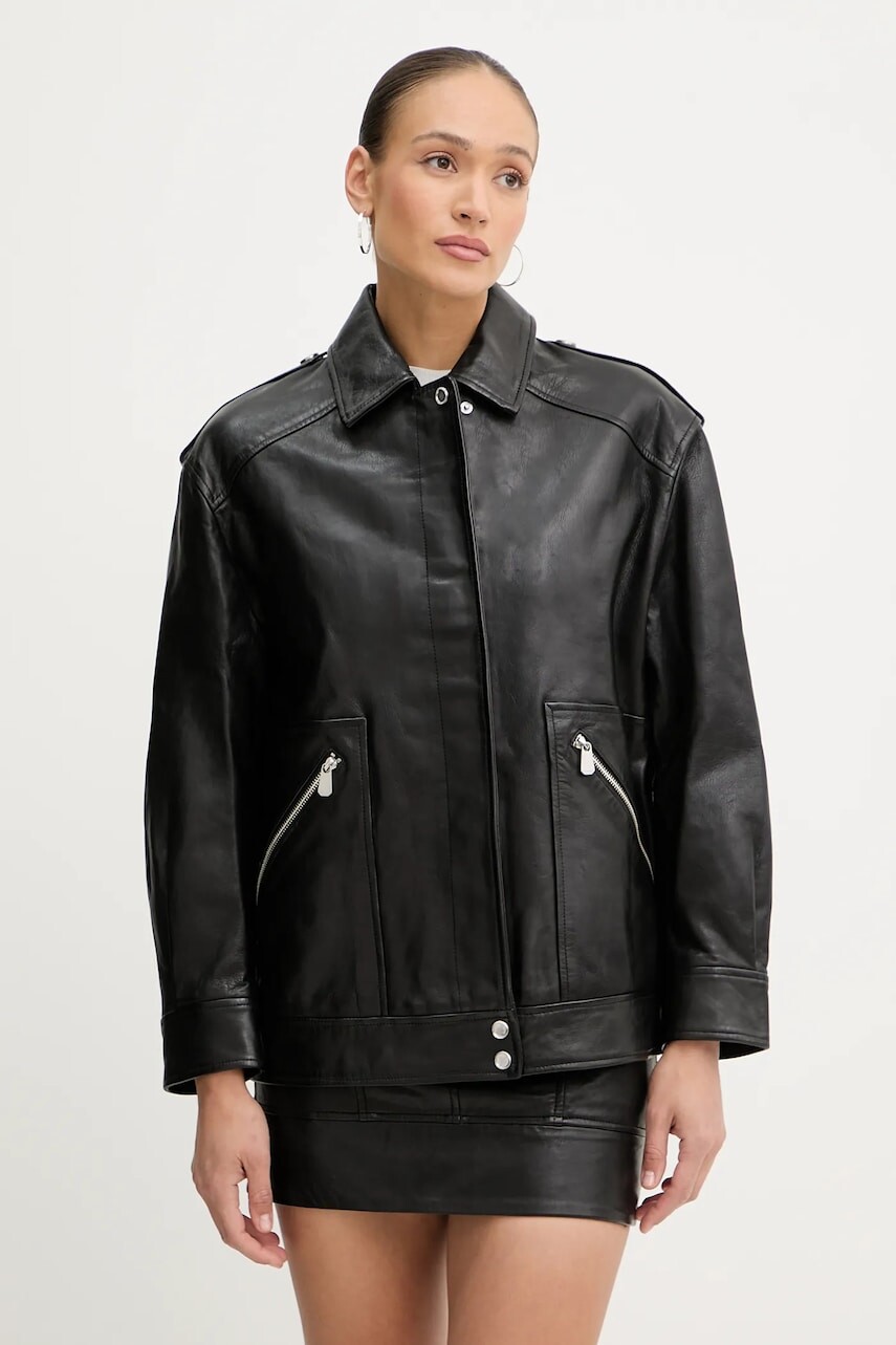 Kožená bunda Pinko čierna farba, prechodná, oversize, 105012 A2I1