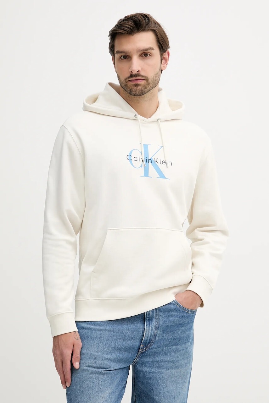 Mikina Calvin Klein Jeans béžová farba, s kapucňou, s potlačou, LV04RC282G