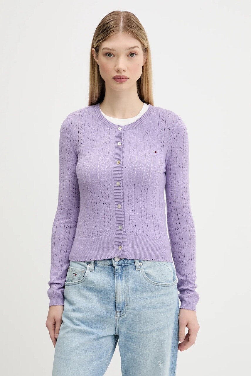Kardigán Tommy Jeans fialová farba, ľahké, DW0DW20966