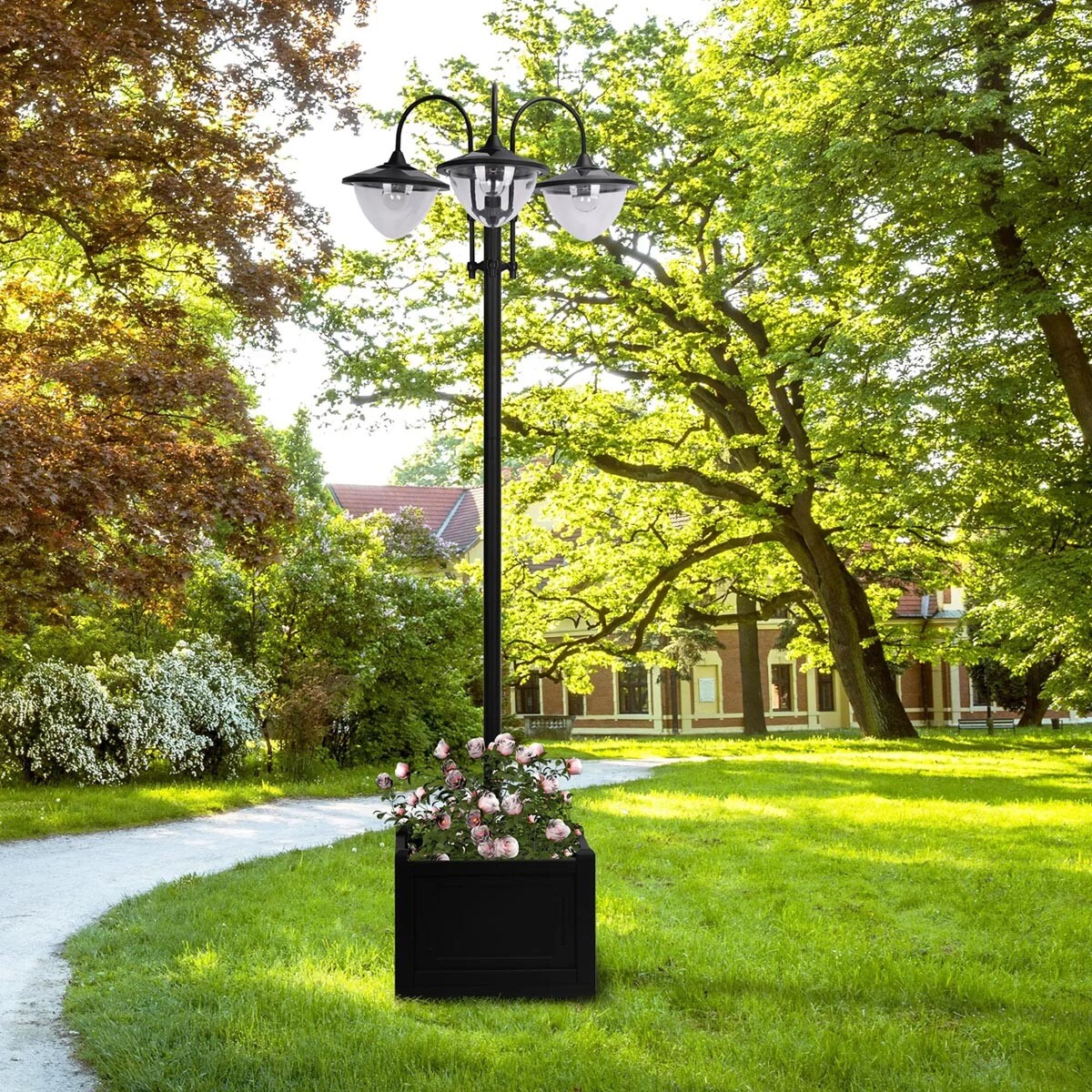 Outsunny Solární zahradní lampa se 3 lucernami a květináčem