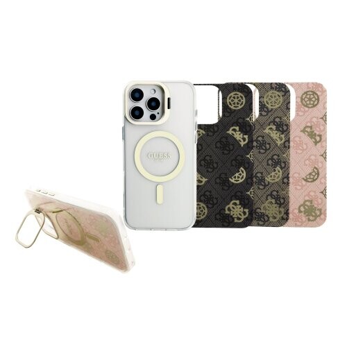 Guess PC/TPU Electroplated Stand Camera Frame MagSafe Zadní Kryt s Vyměnitelným Pozadím pro iPhone 16 Pro Max