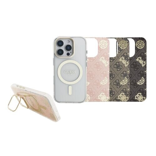 Guess PC/TPU Electroplated Stand Camera Frame MagSafe Zadní Kryt s Vyměnitelným Pozadím pro iPhone 16 Pro