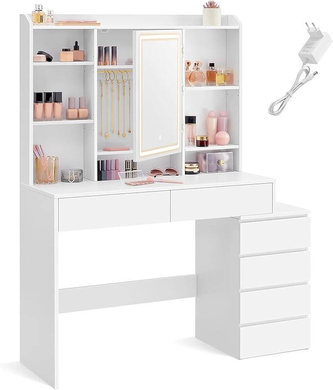 Toaletní stolek Vasagle Ginny 117 cm s LED osvětlením bílý