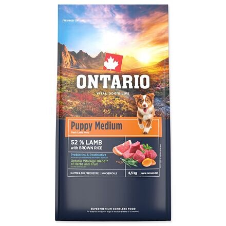 Krmivo Ontario Puppy Medium Lamb & Brown Rice 6,5kg
