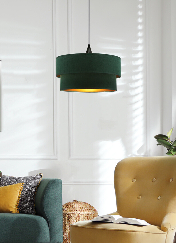 Závesná lampa Scopello 1x60 e27 tienidlo duo 35+30 velúr fľaškovo zelená + zlatá