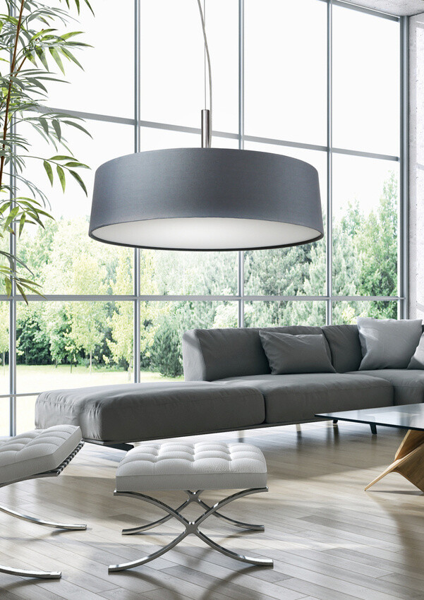 Striebornosivá závesná lampa, tkané tienidlo, 3x60W, Blum